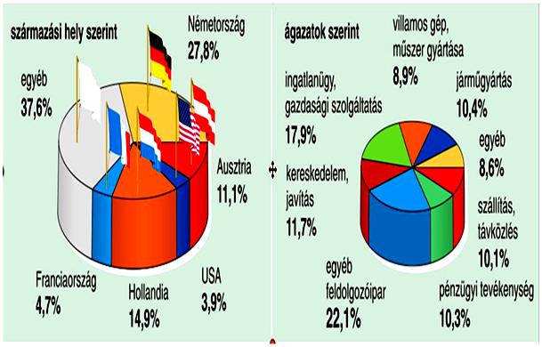 A külföldi befektetések megoszlása származási hely és ágazatok szerint (2005)
