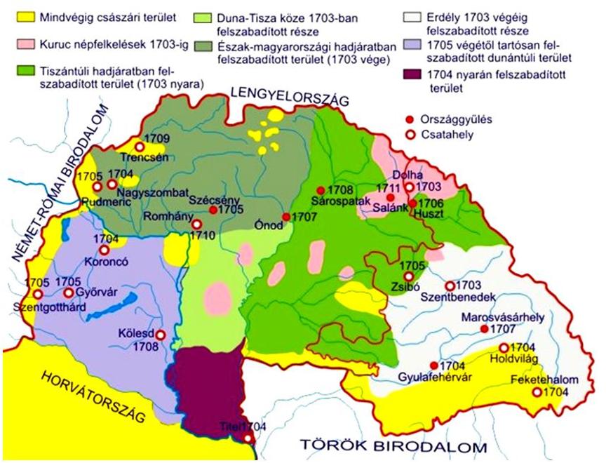 A szabadságharc fontosabb helyszínei és a kuruc csapatok által ellenőrzött területek