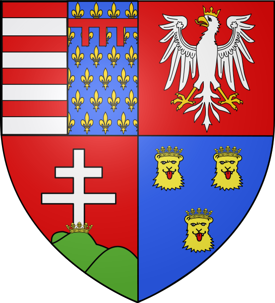 Nagy Lajos címere, amely egyesíti <br>a liliomos Anjou-címert, a Magyar és <br>a Lengyel Királyság, valamint Dalmácia címerét.
