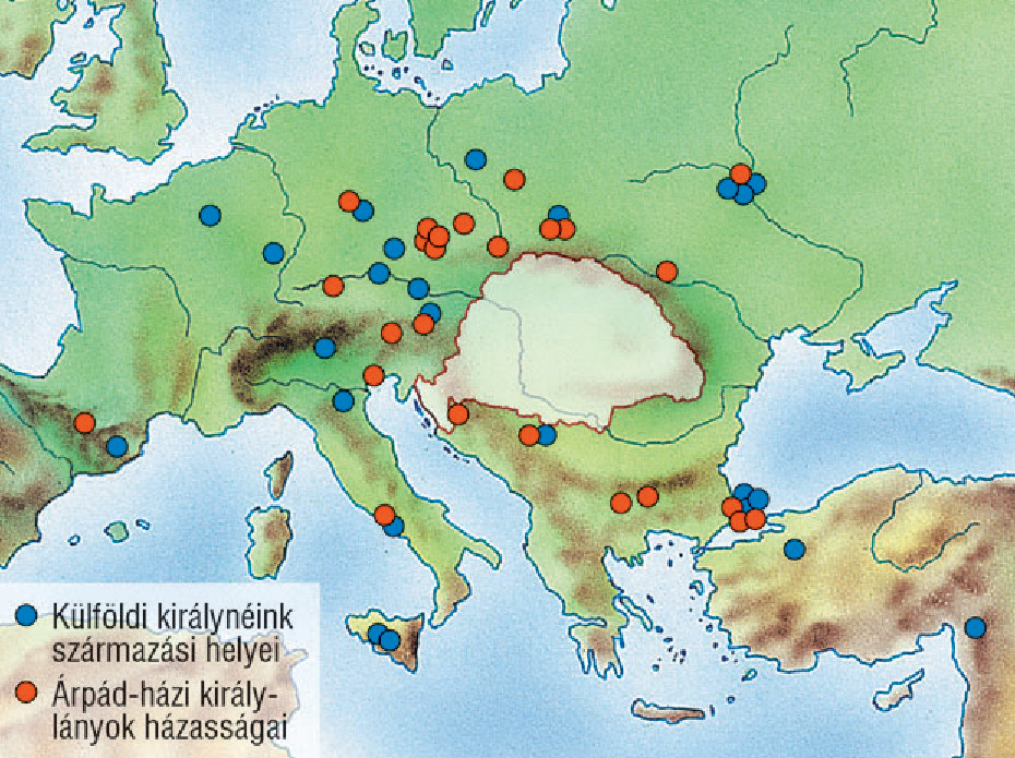 Árpád-házi királynék származási helyei és <br>az Árpád-házi királylányok házasságai. 