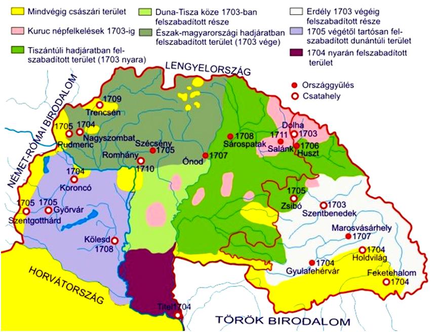 A szabadságharc fontosabb helyszínei és a kuruc csapatok által ellenőrzött területek