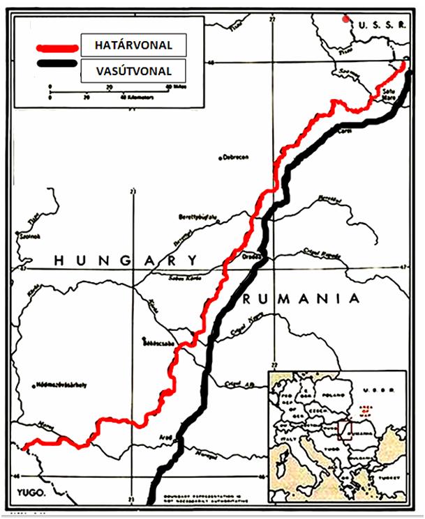 Az új magyar-román határ és az Arad-Nagyvárad-Szatmárnémeti vasút vonala